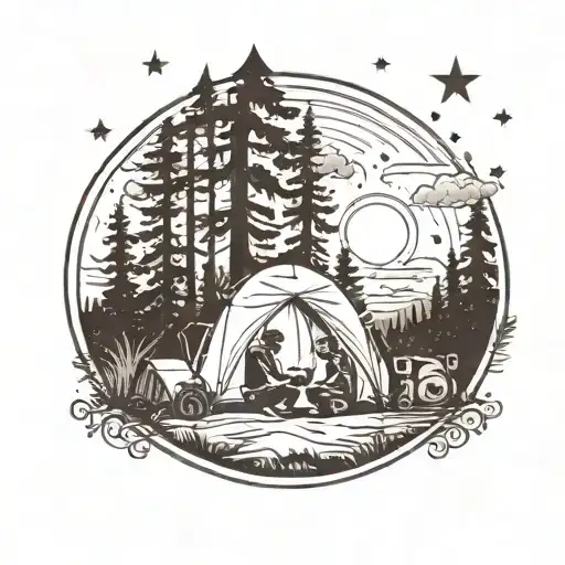 A silhouette of a family camping under the stars, with a subtle nod to stoic philosophy hidden in the background scenery tattoo design idea