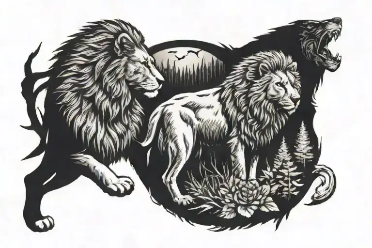 A majestic lion and a wolf standing side by side in a forest setting, symbolizing strength and unity in the wilderness tattoo design idea