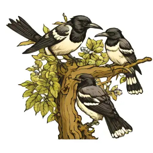 3 magpies 2 baby magpie and 1 magpje tattoo design idea