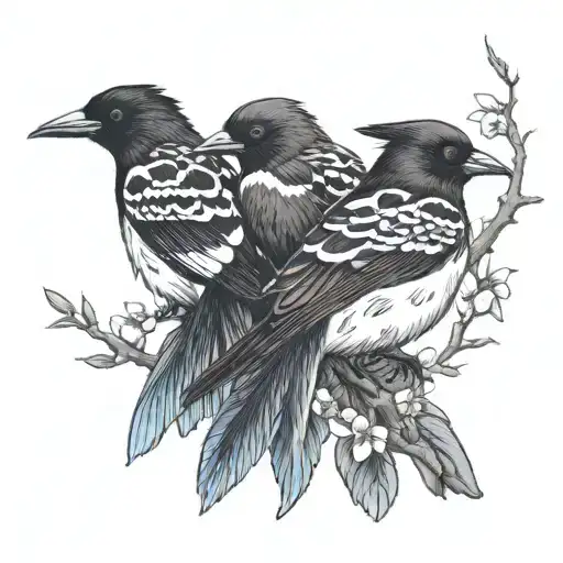 2 baby magpies with 1 adult magpie tattoo design idea