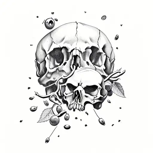 skull with blueberry branch and bullets tattoo design idea