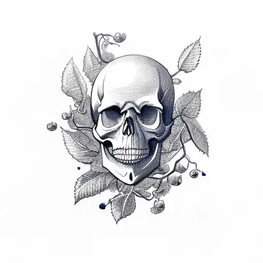 skull with blueberry branch tattoo design idea