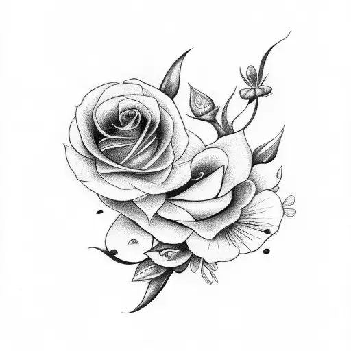 bird and flower black and white ankle  tattoo design idea