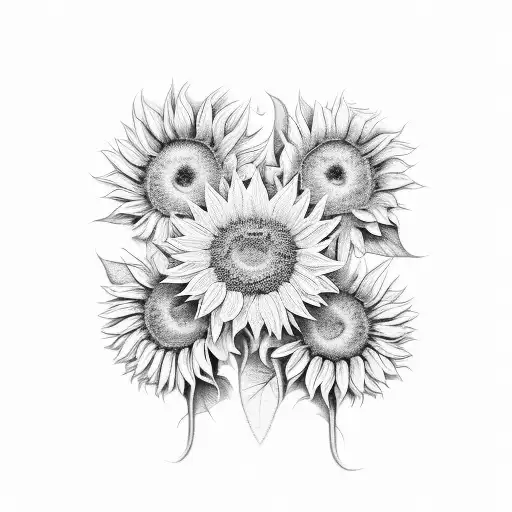 three large bright yellow sunflowers with the names Noah, Braylen, Andy ,Isaiah  in cursive font around it tattoo design idea