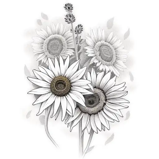 three bright yellow sunflowers with lavender and white daisy in background and the pedals of both flowers blowing behind tattoo design idea