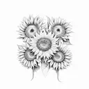 three large bright yellow sunflowers with the names Noah, Braylen, Andy ,Isaiah  in cursive font around it tattoo design idea