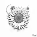 three large bright yellow sunflowers with the names Noah, Braylen, Andy ,Isaiah  in cursive font around it tattoo design idea