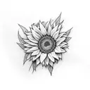 three large bright yellow sunflowers with the names Noah, Braylen, Andy ,Isaiah  in cursive font around it tattoo design idea