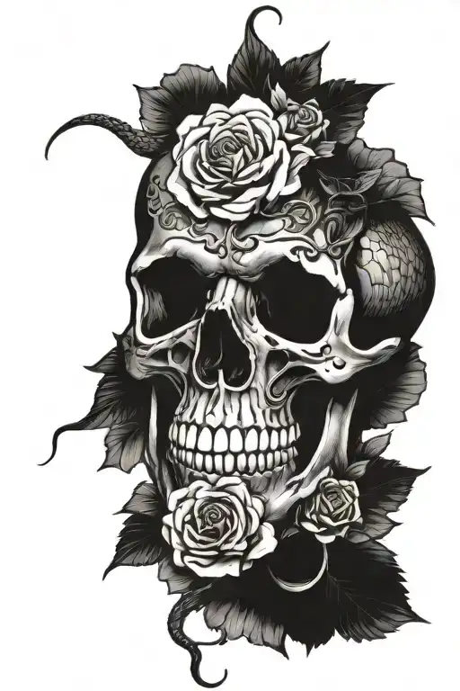 a snake going through a skull with roses blooming tattoo design idea