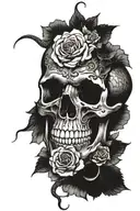 a snake going through a skull with roses blooming tattoo design idea