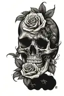 a snake going through a skull with roses blooming tattoo design idea