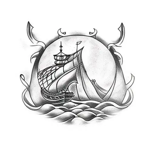 A black and grey tattoo of a Viking ship sailing through the aurora borealis tattoo design idea