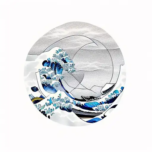 great wave with sun and clouds in a circle tattoo design idea