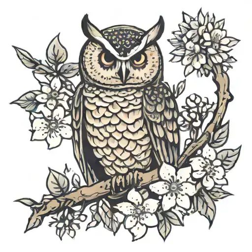A tattoo design of a pixelated owl wearing rapper bling, perched on a cherry blossom branch, in a traditional style tattoo design idea