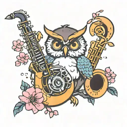 A tattoo design featuring a pixelated owl playing a saxophone, surrounded by cherry blossom trees, in a new-school style tattoo design idea