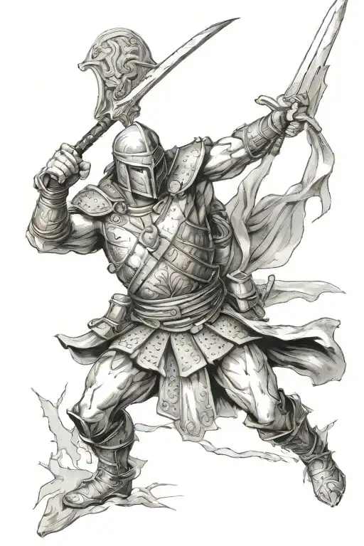 battle worn warrior wielding tattoo design idea