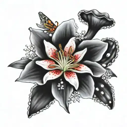a realistic small tattoo of a Lilly with a Cowries and a gecko with a snowflake  tattoo design idea