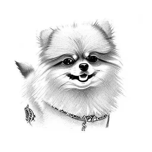 A pomeranian wearing anime-inspired accessories, combining the client's favorite pet and anime interests tattoo design idea