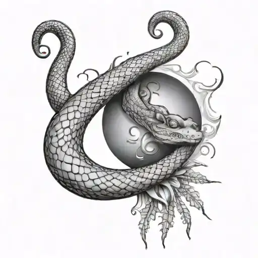 A surrealistic scene of a snake wrapped around a sun, with eyes hidden in the shadows tattoo design idea