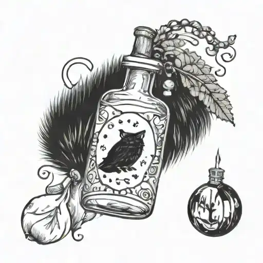 fur coat and potion bottle tattoo design idea
