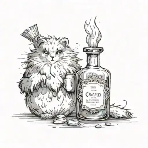 fur coat and potion bottle tattoo design idea
