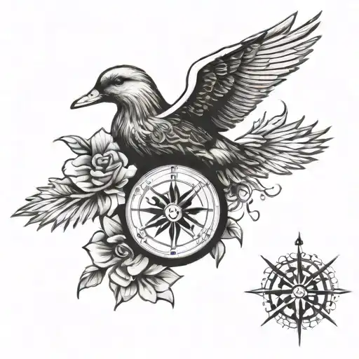 duck flying, lion, compass, flower tattoo design idea