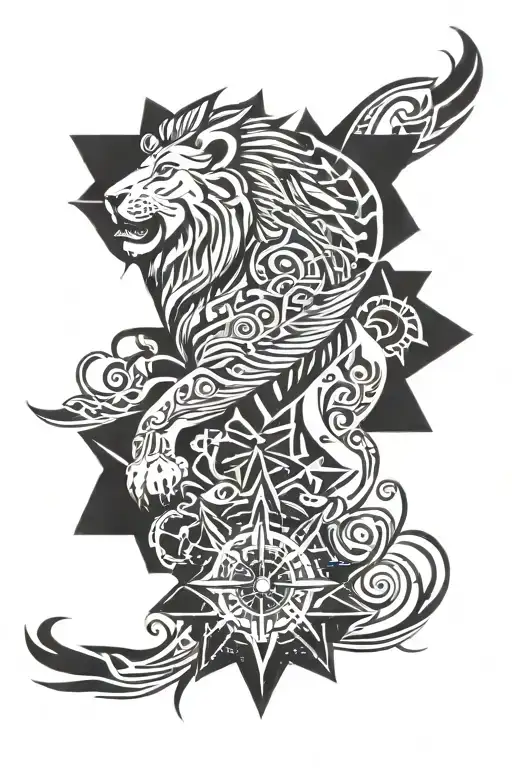 lion, duck flying, compass, rose  tattoo design idea