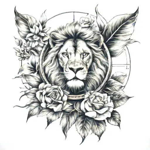  compass, flower  , lion, tattoo design idea