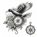 duck flying, lion, compass, flower tattoo design idea