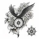 duck flying, lion, compass, flower tattoo design idea