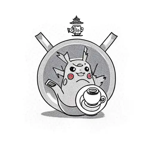 A traditional style tattoo of a teapot pouring tea into a cup with Pokemon characters floating inside the tea tattoo design idea