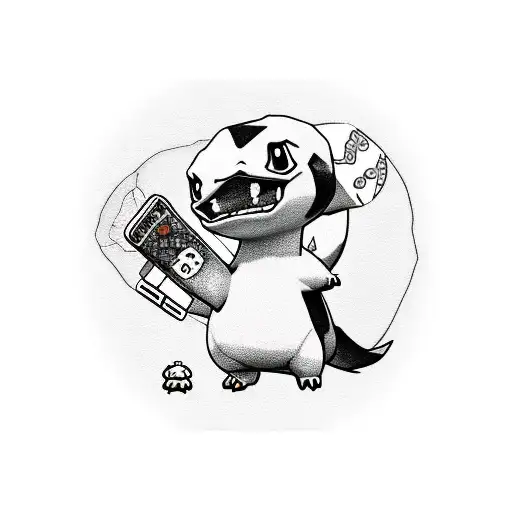 A realistic portrait of Charmander playing Animal Crossing on a handheld console tattoo design idea