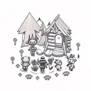 A realism style tattoo of Animal Crossing villagers gathered around a campfire in a field of flowers tattoo design idea