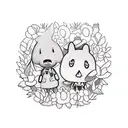 A realism style tattoo of Animal Crossing villagers gathered around a campfire in a field of flowers tattoo design idea