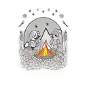 A realism style tattoo of Animal Crossing villagers gathered around a campfire in a field of flowers tattoo design idea