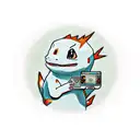 A realistic portrait of Charmander playing Animal Crossing on a handheld console tattoo design idea