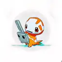 A realistic portrait of Charmander playing Animal Crossing on a handheld console tattoo design idea