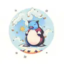 A traditional style tattoo of Snorlax sitting under a peach tree with star fragments falling from the sky tattoo design idea