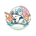 A traditional style tattoo of Snorlax sitting under a peach tree with star fragments falling from the sky tattoo design idea