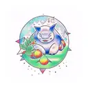 A traditional style tattoo of Snorlax sitting under a peach tree with star fragments falling from the sky tattoo design idea