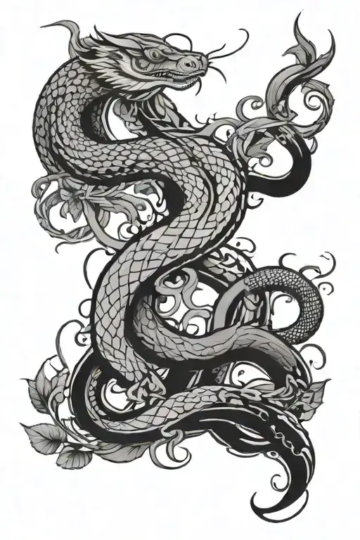 chinese letters at the top and a snake along with vines leading down and a crescent moon  tattoo design idea