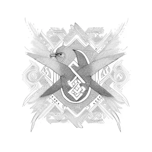 Freya's name in nordic runes surrounded by falcon feathers tattoo design idea