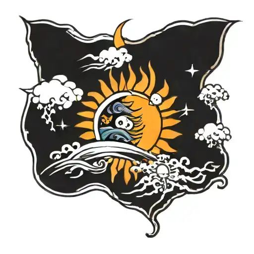 A sun with an empty space on the elbow, with dark rays emanating from the center of the elbow and waves tattoo design idea