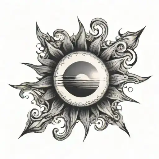 A sun with an empty space on the elbow and dark, conical rays emanating from the center of the elbow with waves tattoo design idea
