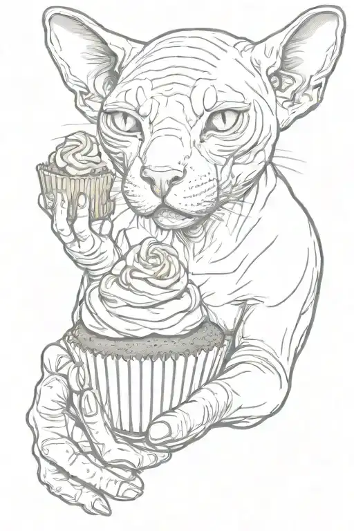 Sphynx cat holding a cupcake in his paw. tattoo design idea