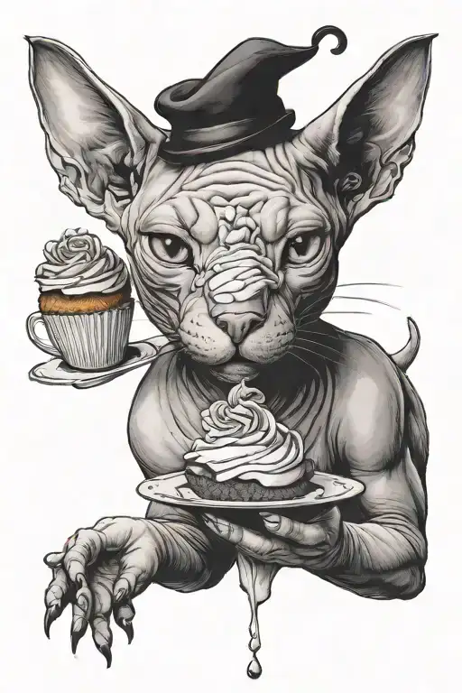 Sphynx cat holding a cupcake in his paw. tattoo design idea