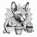 A sphynx cat sits holding a cupcake tattoo design idea