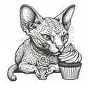 A sphynx cat sits holding a cupcake tattoo design idea