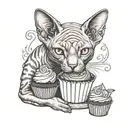 A sphynx cat sits holding a cupcake tattoo design idea