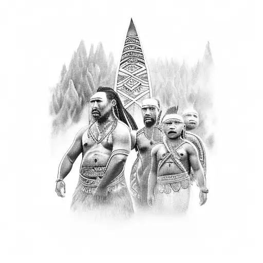 Black-grey tattoo of a Maori-inspired scene depicting a family gathering or celebration tattoo design idea